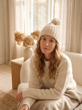 Nika Playful Cream Pom Beanie Hat
