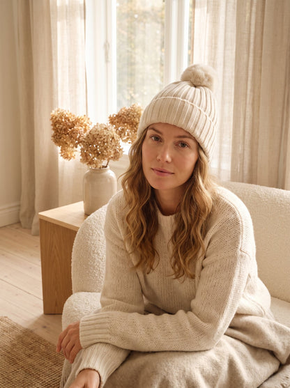 Cream Pom Beanie Hat by The Lode Lane