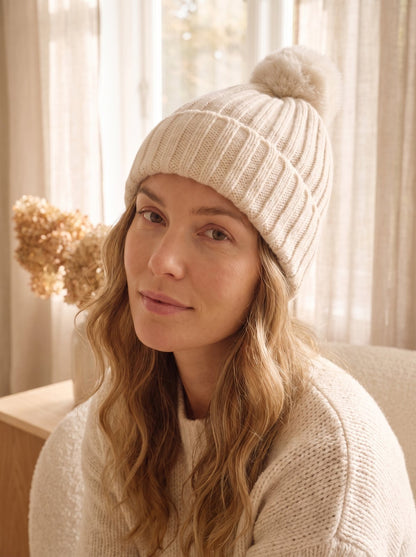 Cream Pom Beanie Hat by The Lode Lane