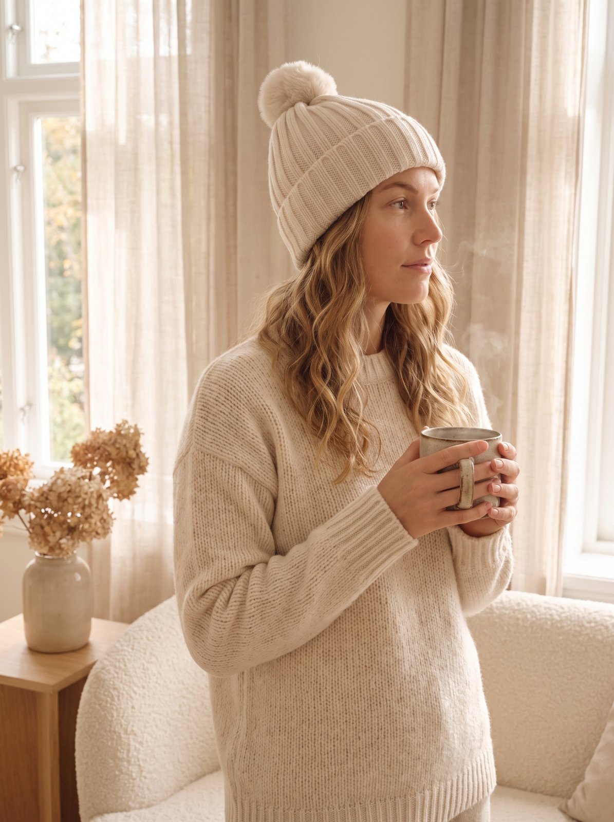 Cream Pom Beanie Hat by The Lode Lane