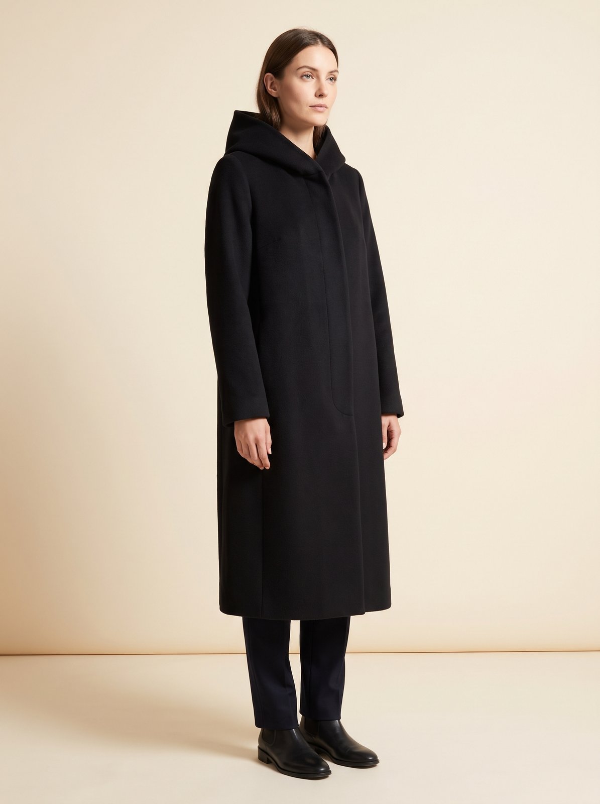 Noa black hooded longline winter coat by Lode Lane
