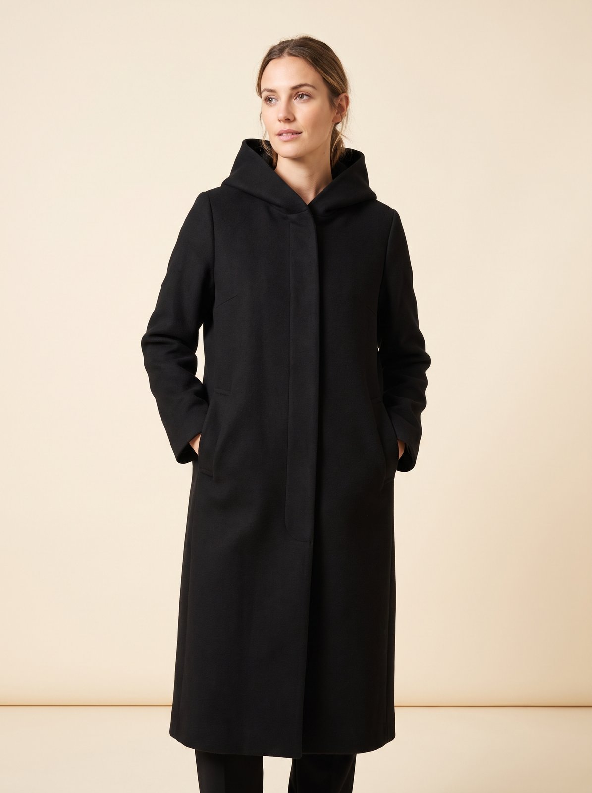 Noa black hooded longline winter coat by Lode Lane