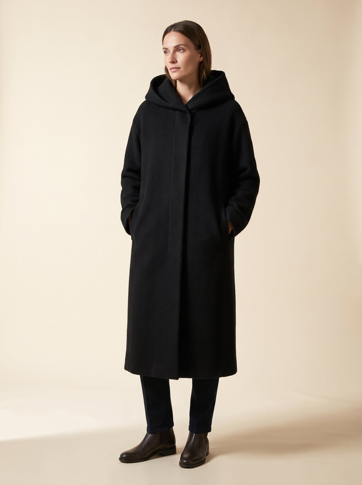 Noa black hooded longline winter coat by Lode Lane