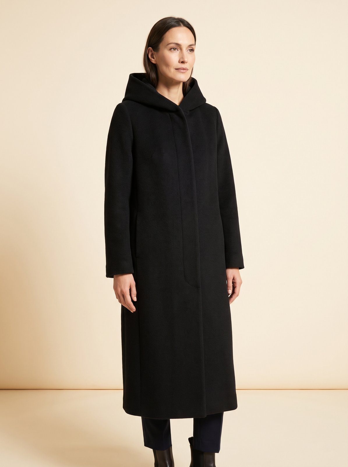 Noa black hooded longline winter coat by Lode Lane