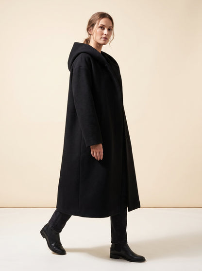 Noa black hooded longline winter coat by Lode Lane