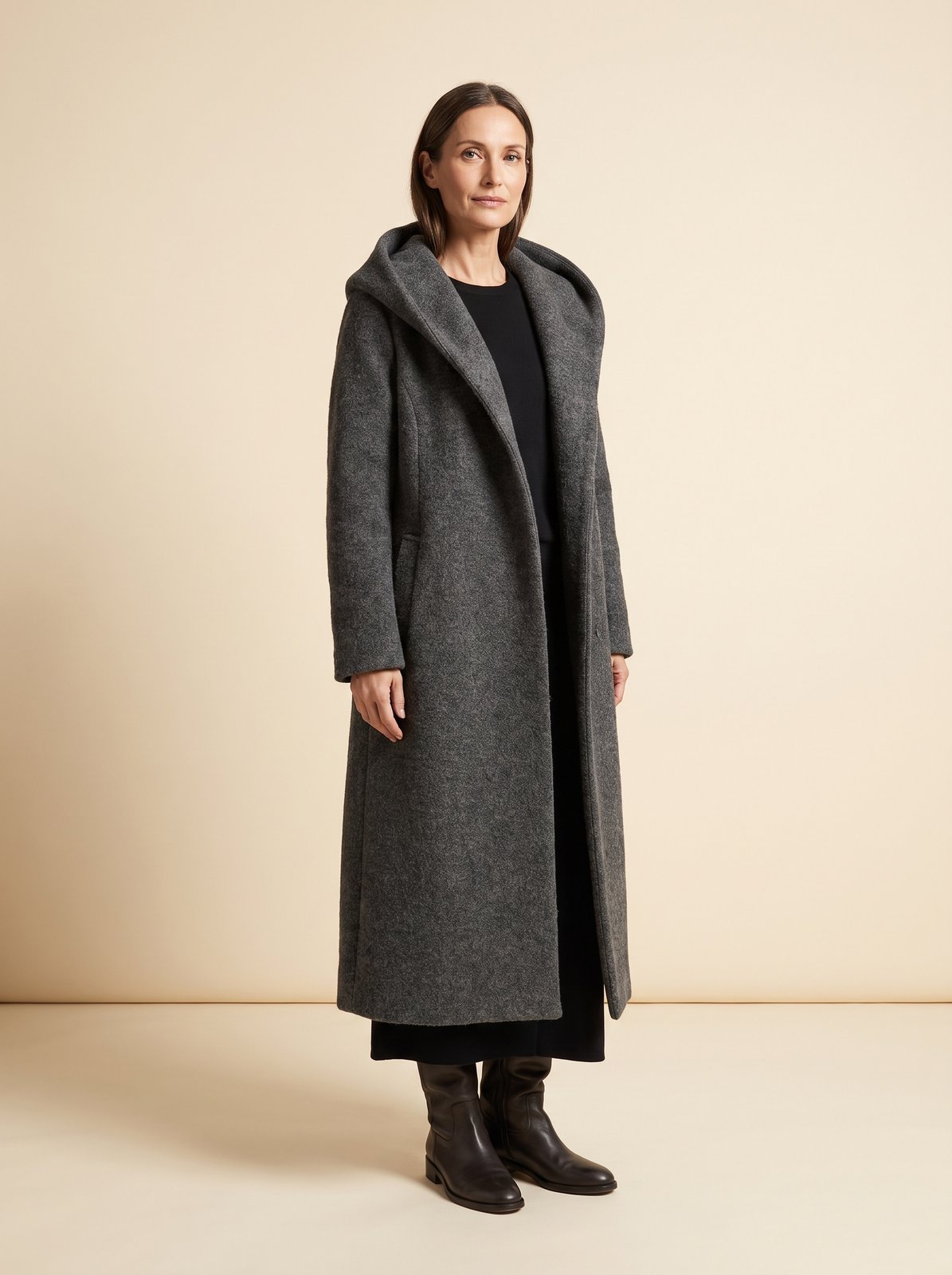 Noa charcoal hooded longline winter coat by Lode Lane
