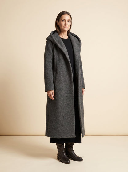 Noa charcoal hooded longline winter coat by Lode Lane