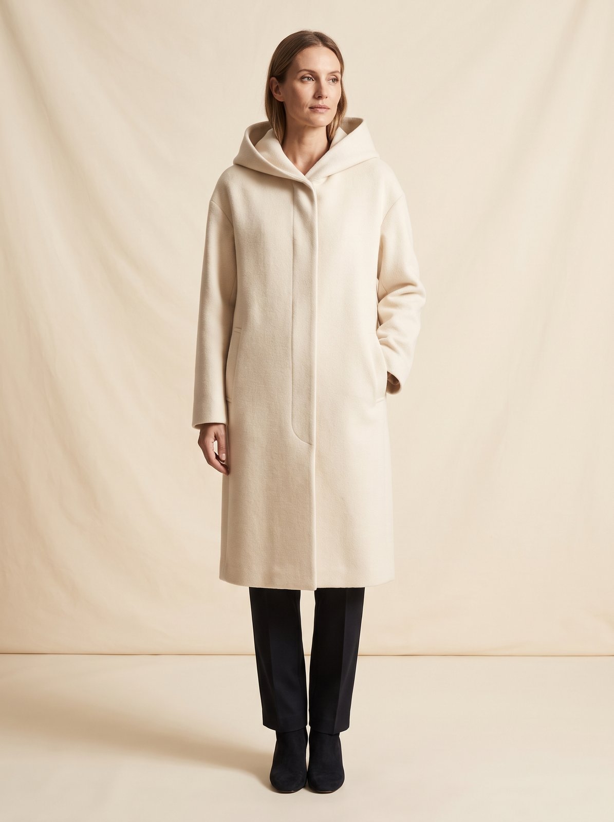 Noa cream hooded longline winter coat by Lode Lane