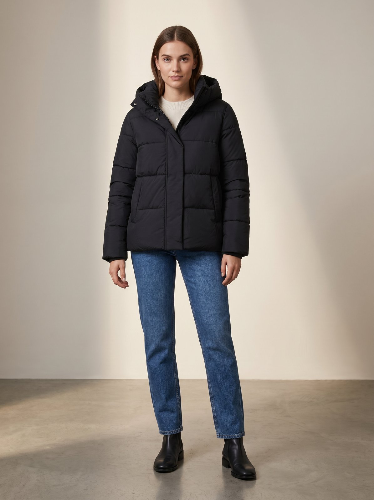 Black hooded puffer jacket by Lode Lane