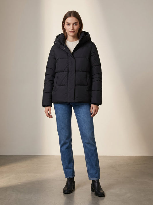 Black hooded puffer jacket by Lode Lane