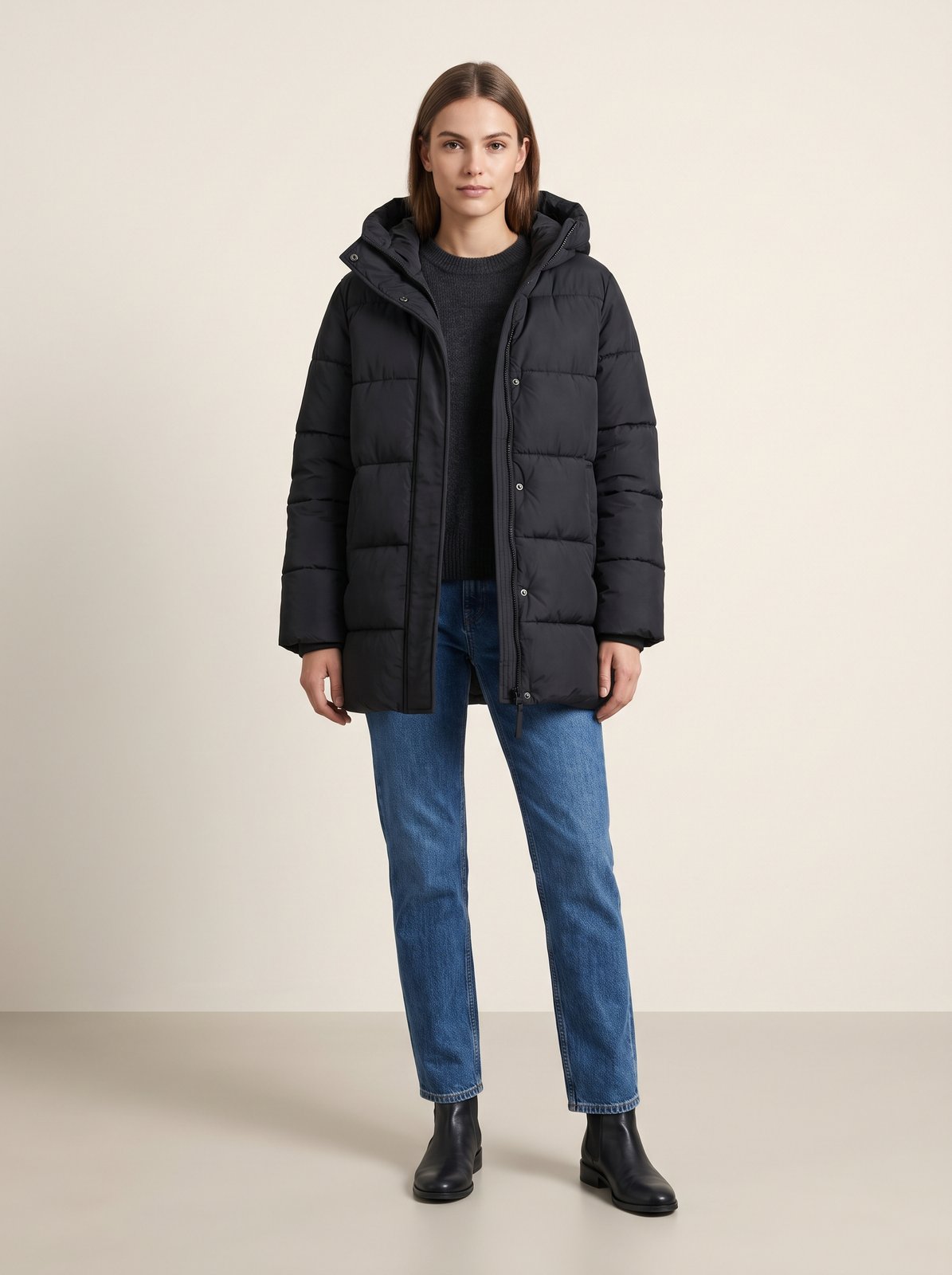 Black hooded puffer jacket by Lode Lane