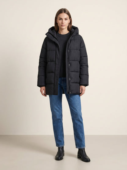 Black hooded puffer jacket by Lode Lane
