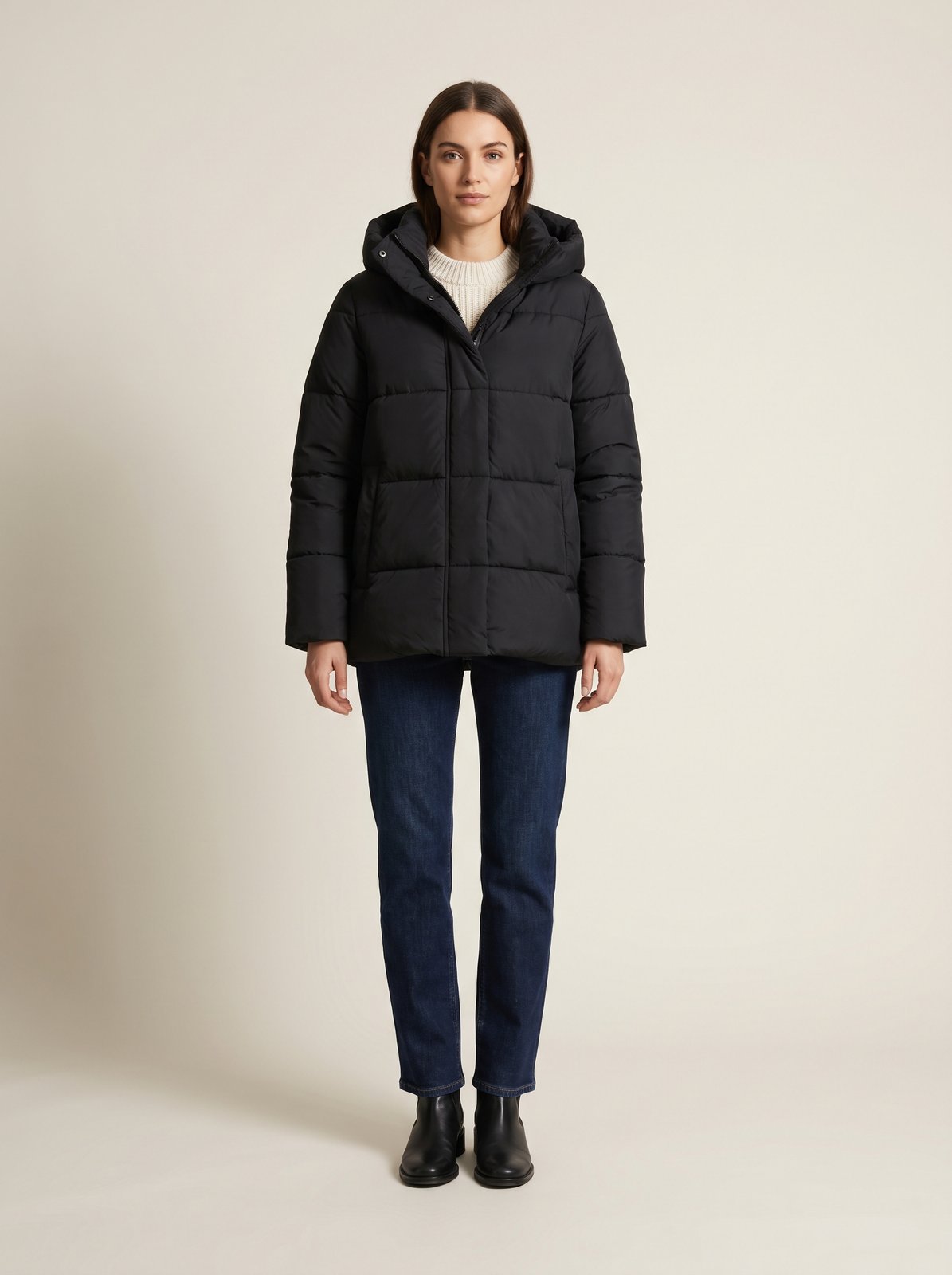 Black hooded puffer jacket by Lode Lane
