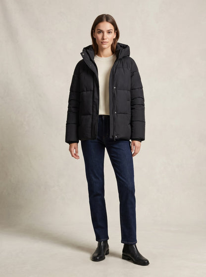 Black hooded puffer jacket by Lode Lane