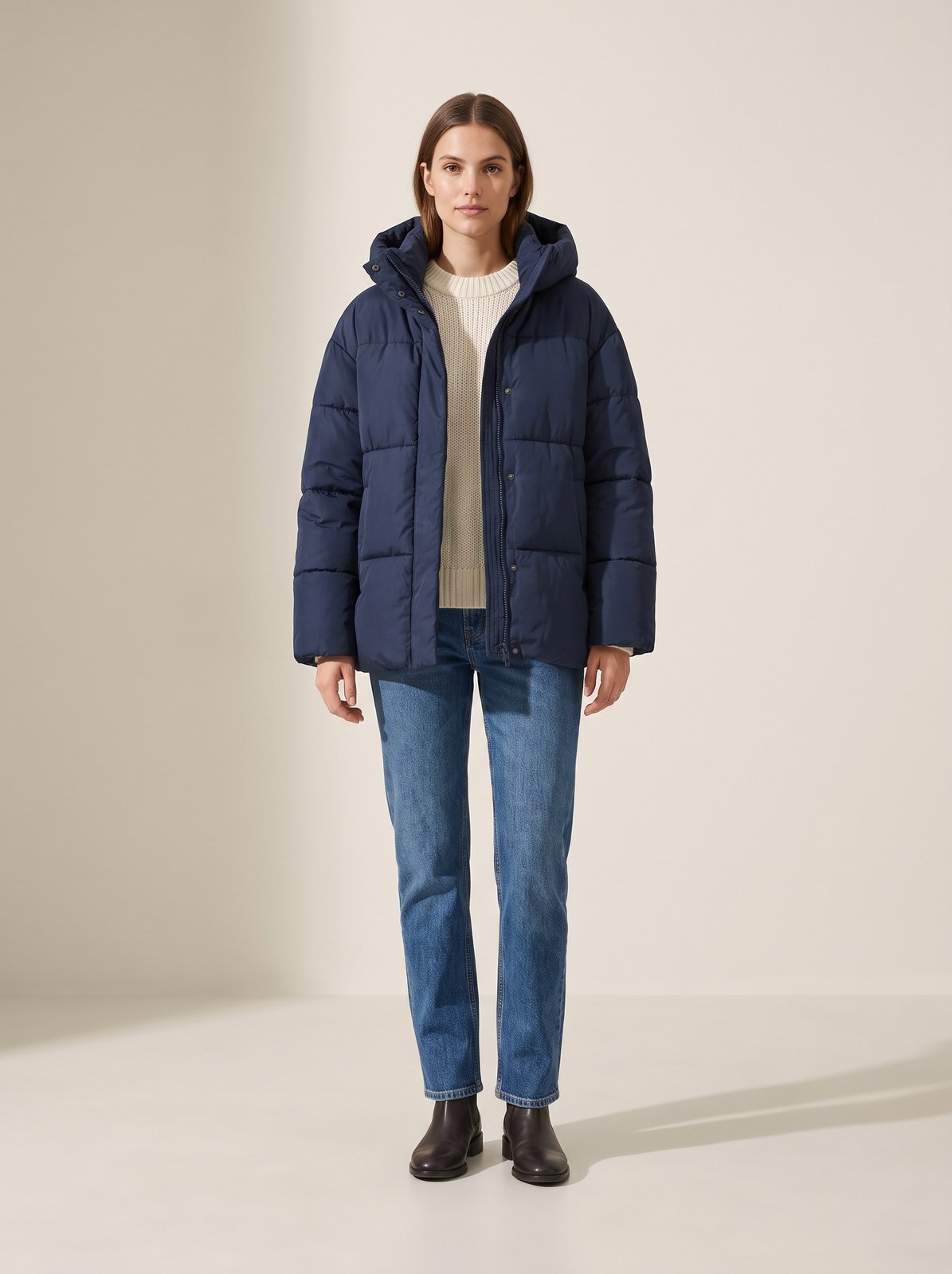 Navy hooded puffer jacket by Lode Lane