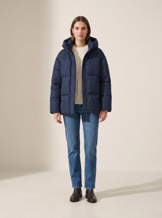Navy hooded puffer jacket by Lode Lane