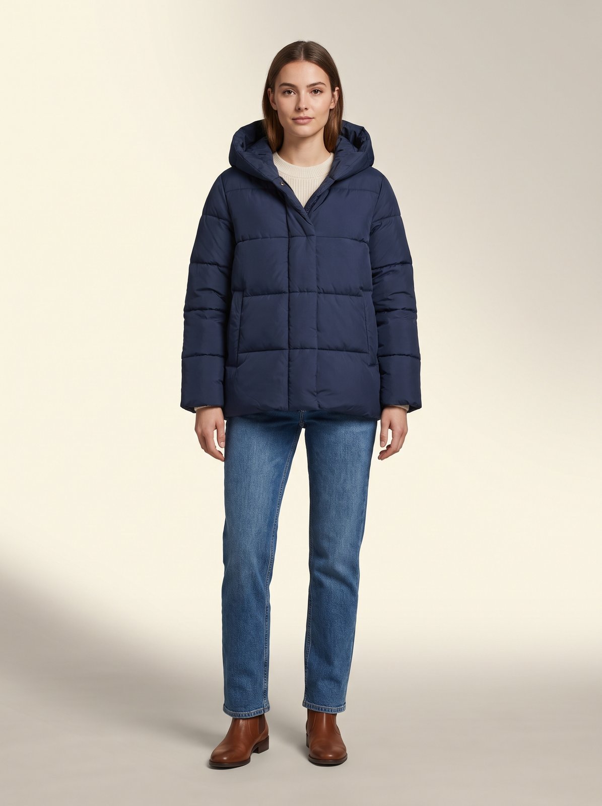 Navy hooded puffer jacket by Lode Lane