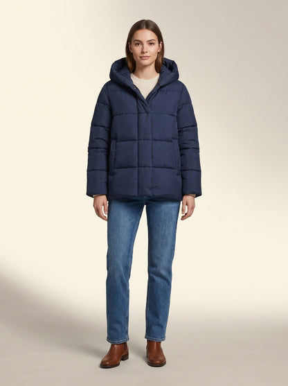 Navy hooded puffer jacket by Lode Lane