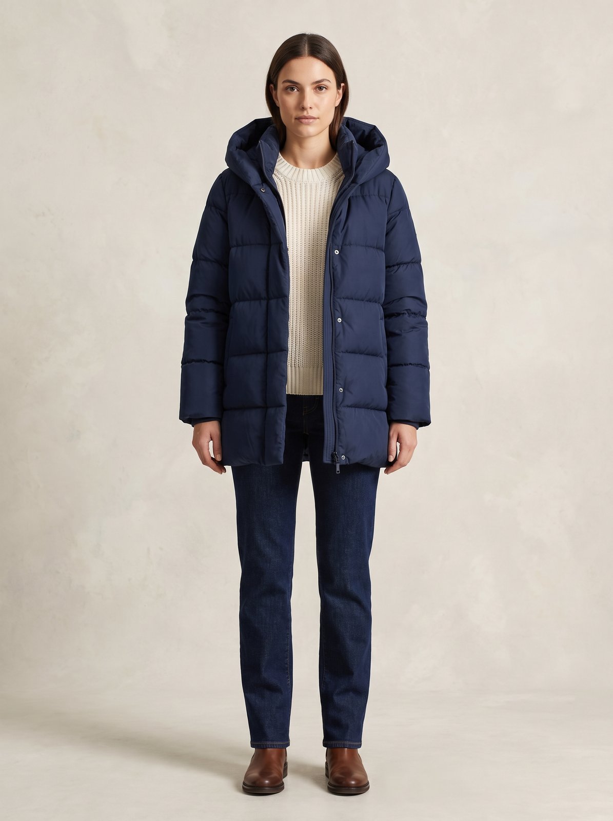 Navy hooded puffer jacket by Lode Lane