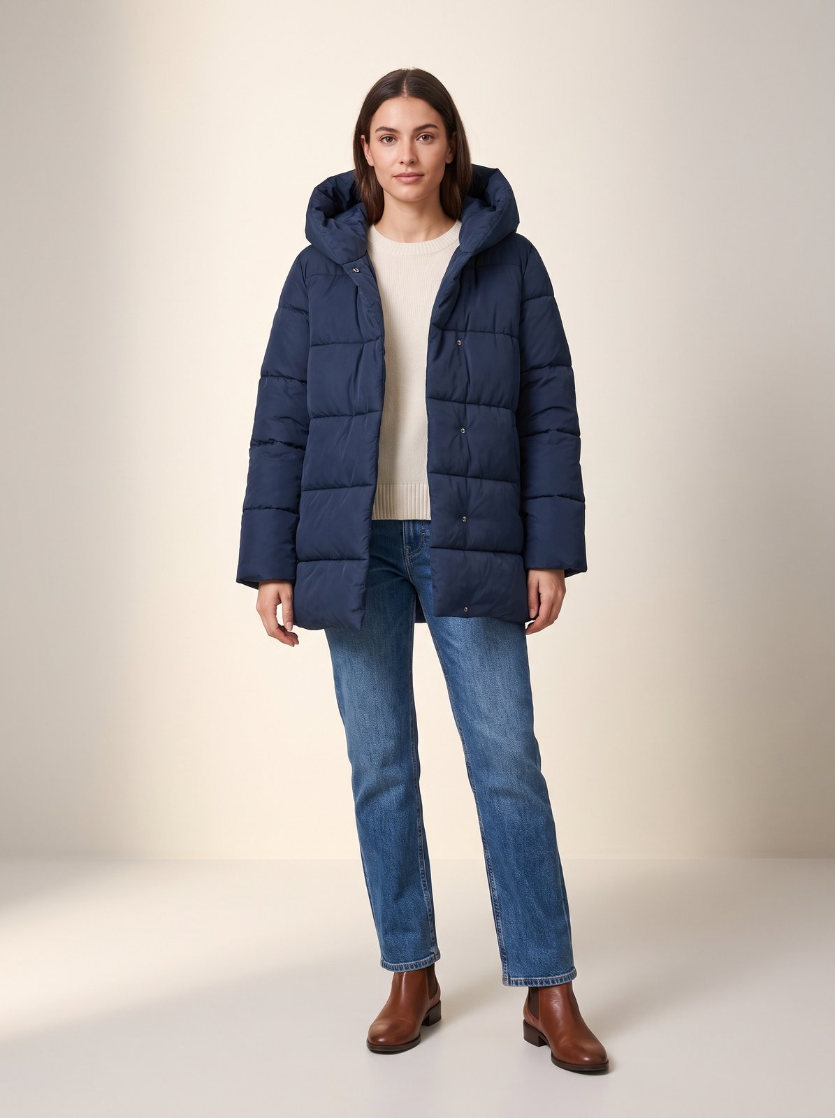 Navy hooded puffer jacket by Lode Lane