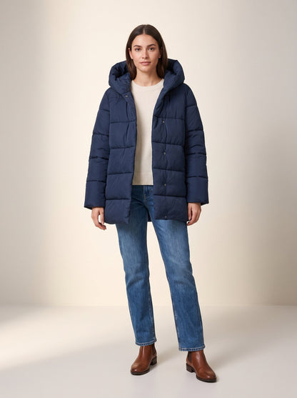 Navy hooded puffer jacket by Lode Lane