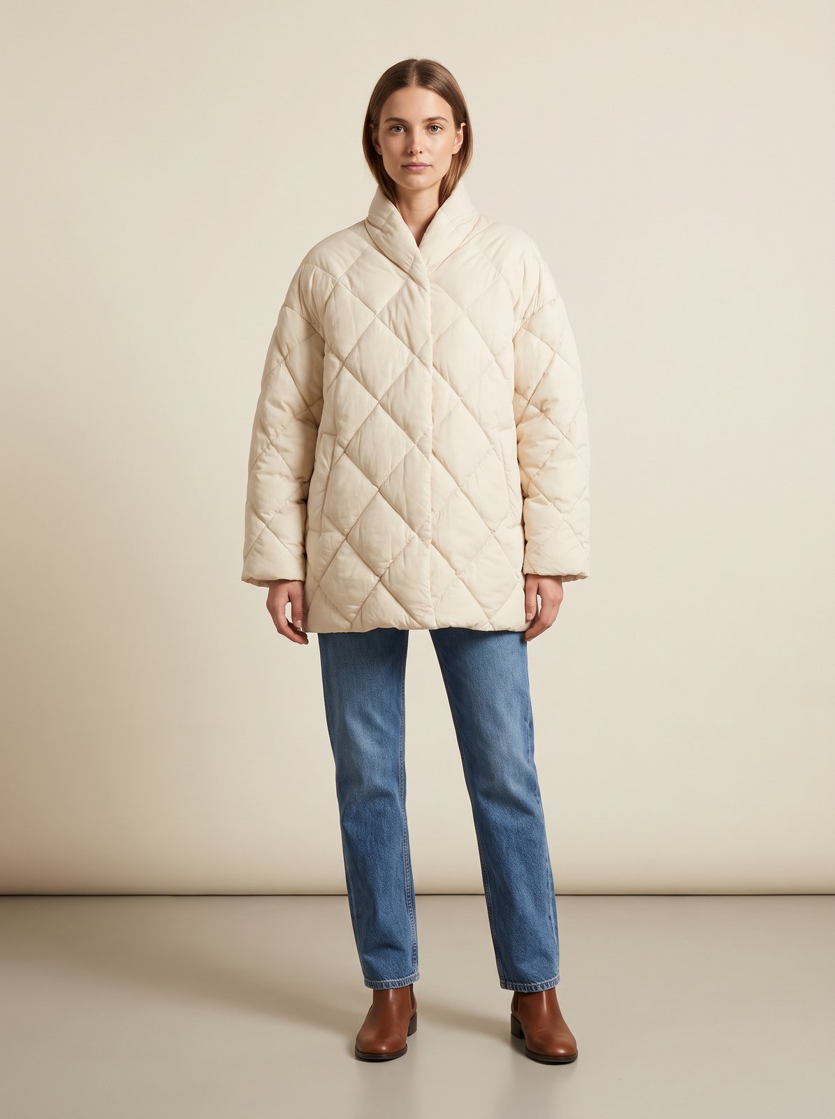 Cream oversized quilted puffer jacket by Lode Lane