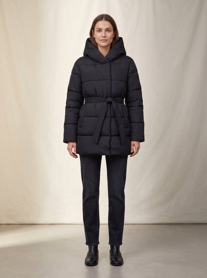 Black belted hooded puffer jacket by Lode Lane