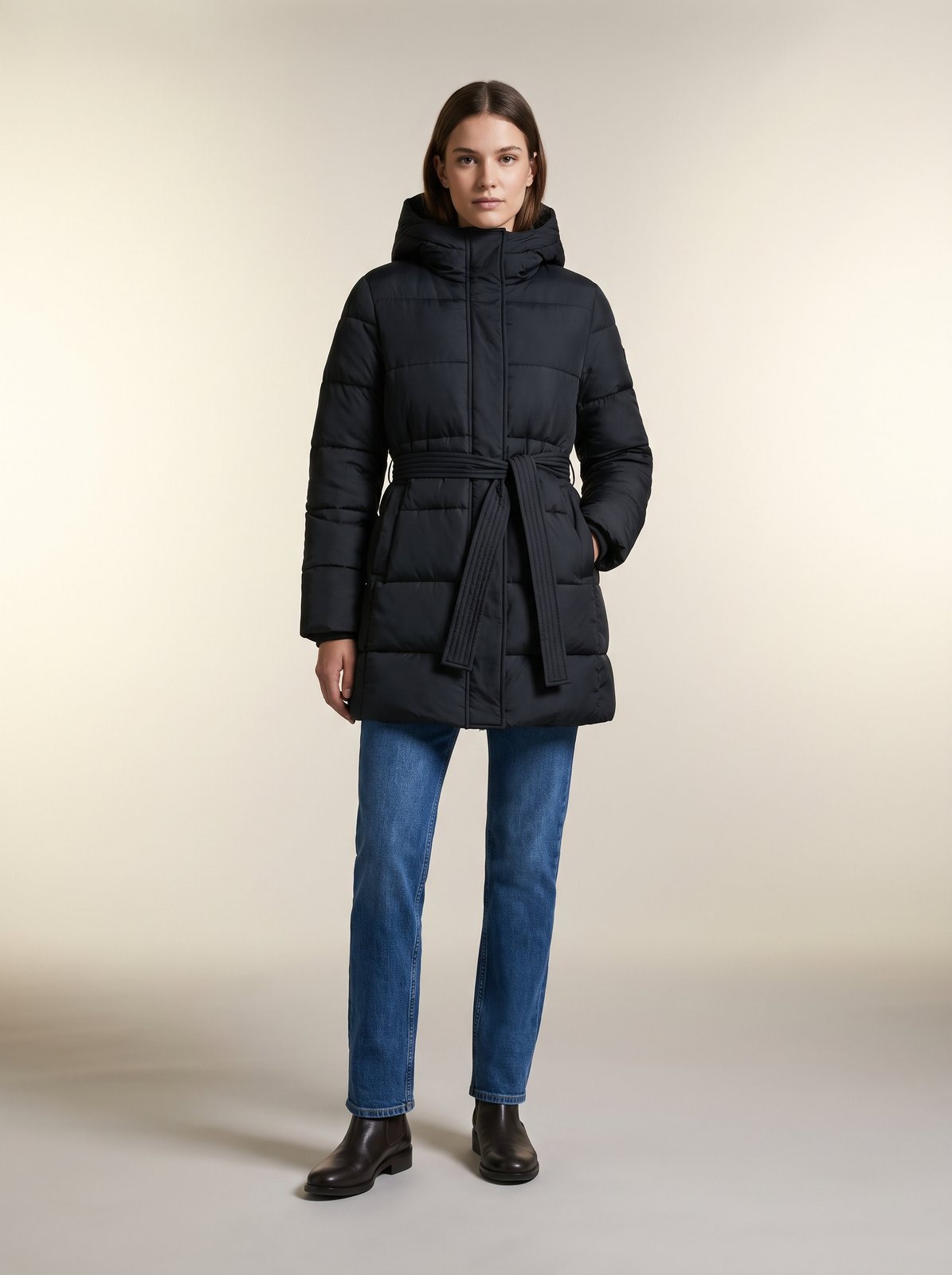 Black belted hooded puffer jacket by Lode Lane