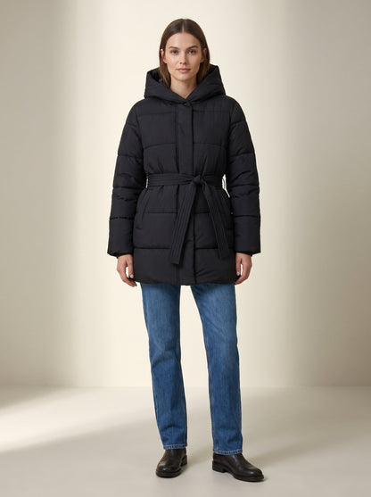 Black belted hooded puffer jacket by Lode Lane