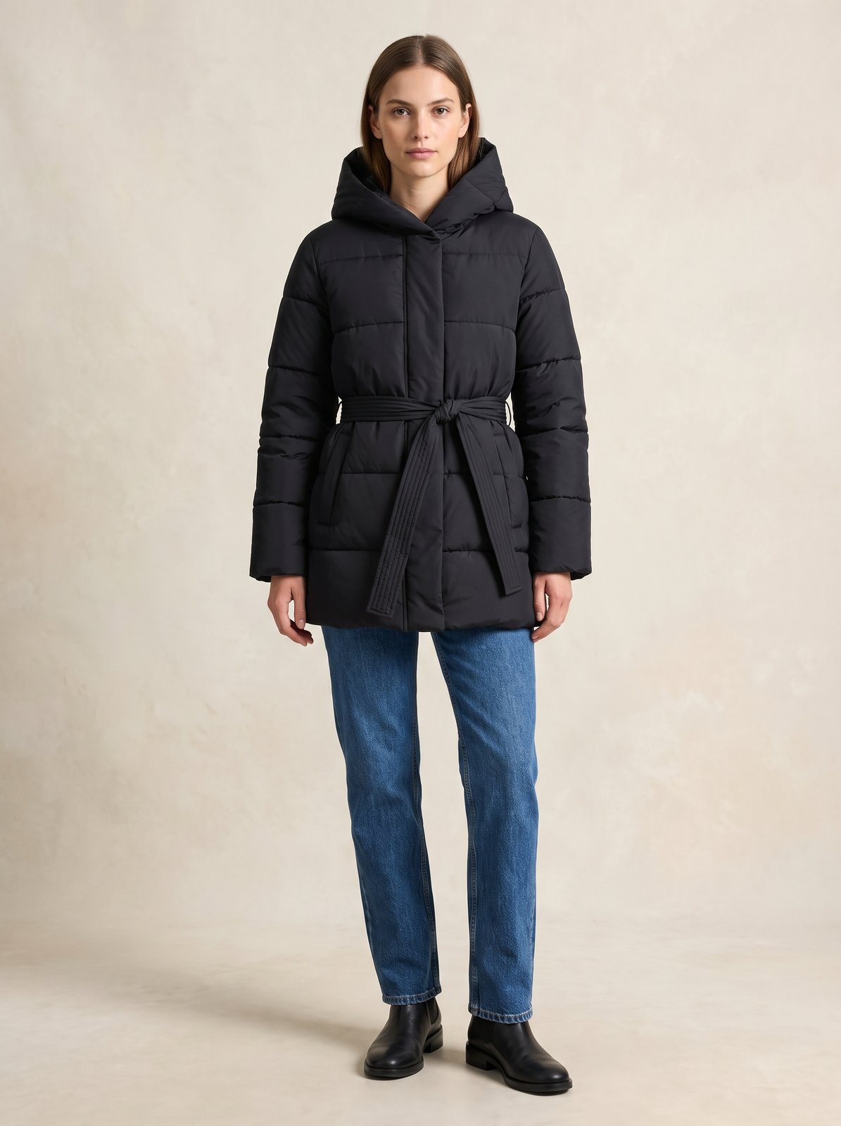 Black belted hooded puffer jacket by Lode Lane