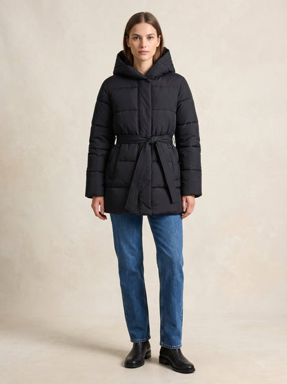 Black belted hooded puffer jacket by Lode Lane