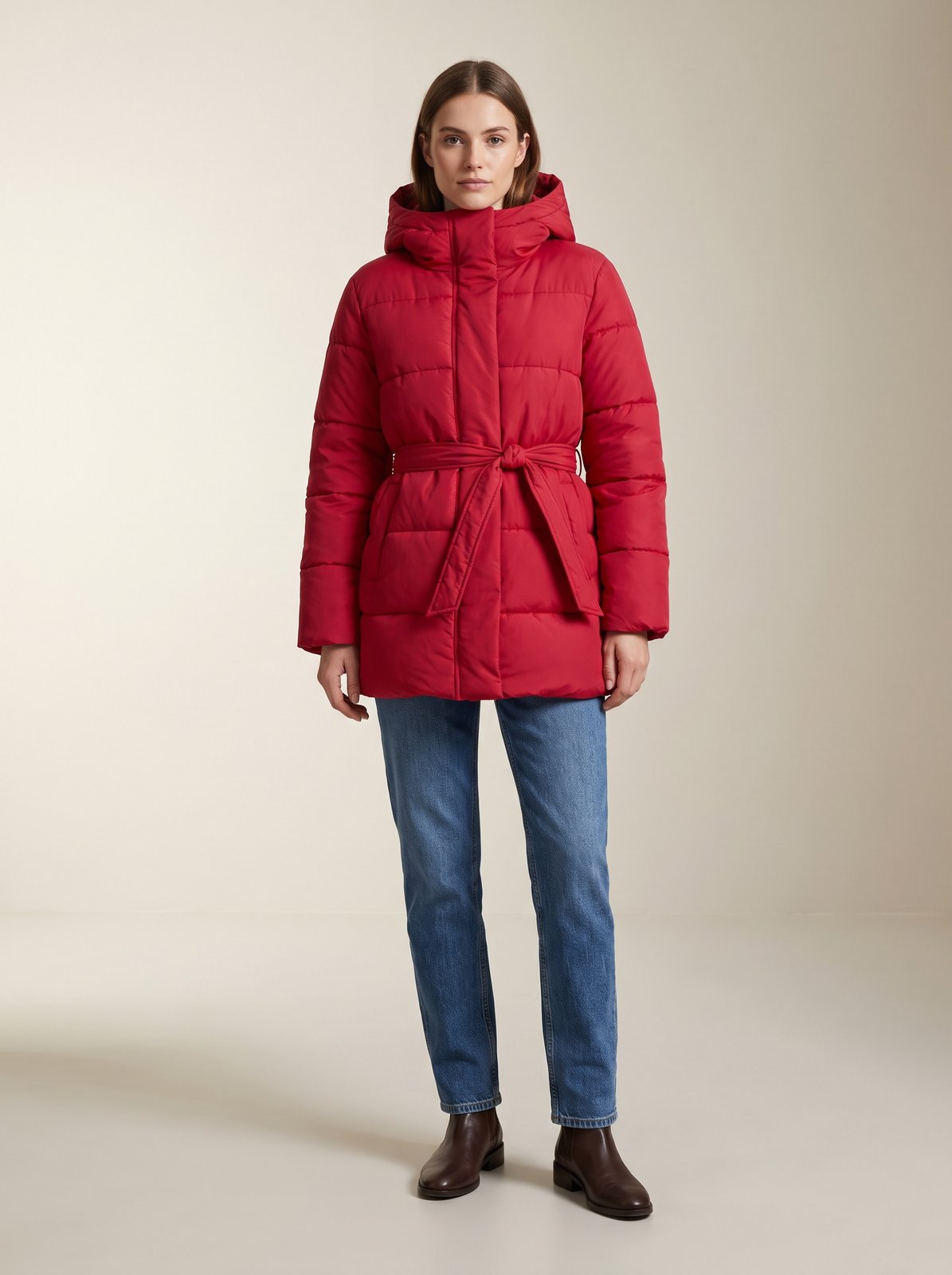 Cherry red belted hooded puffer jacket by Lode Lane