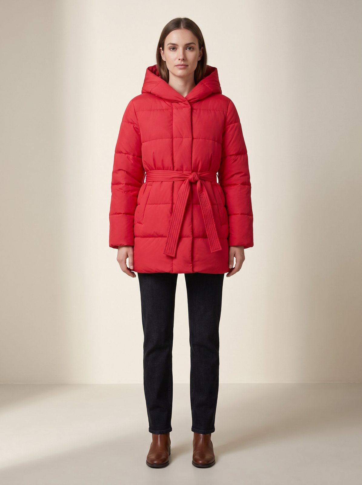 Cherry red belted hooded puffer jacket by Lode Lane