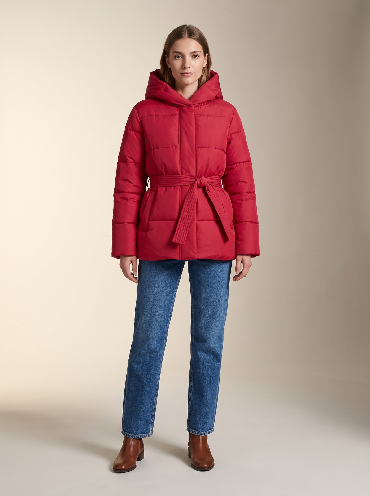 Cherry red belted hooded puffer jacket by Lode Lane