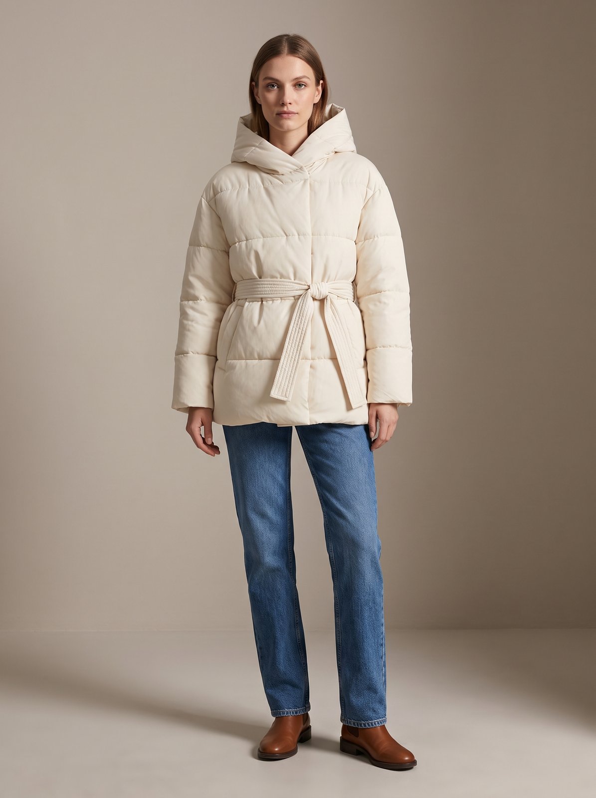 Cream belted hooded puffer jacket by Lode Lane