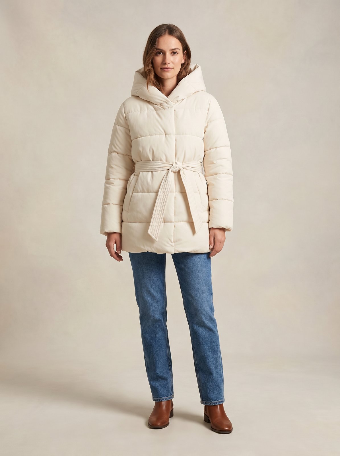 Cream belted hooded puffer jacket by Lode Lane