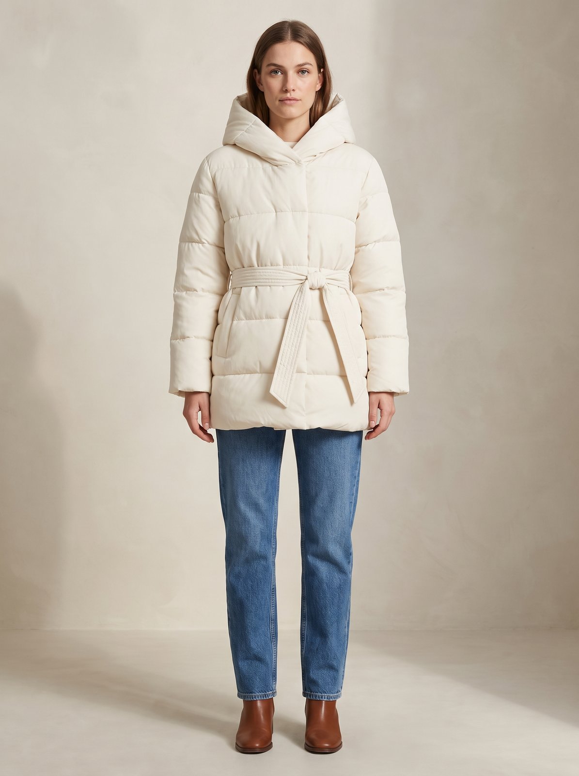 Cream belted hooded puffer jacket by Lode Lane