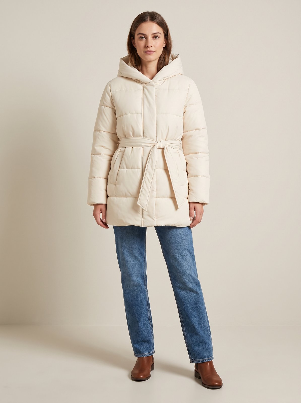 Cream belted hooded puffer jacket by Lode Lane