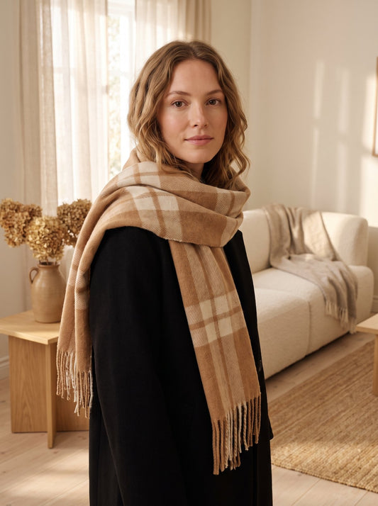 Camel Plaid Blanket Scarf by The Lode Lane