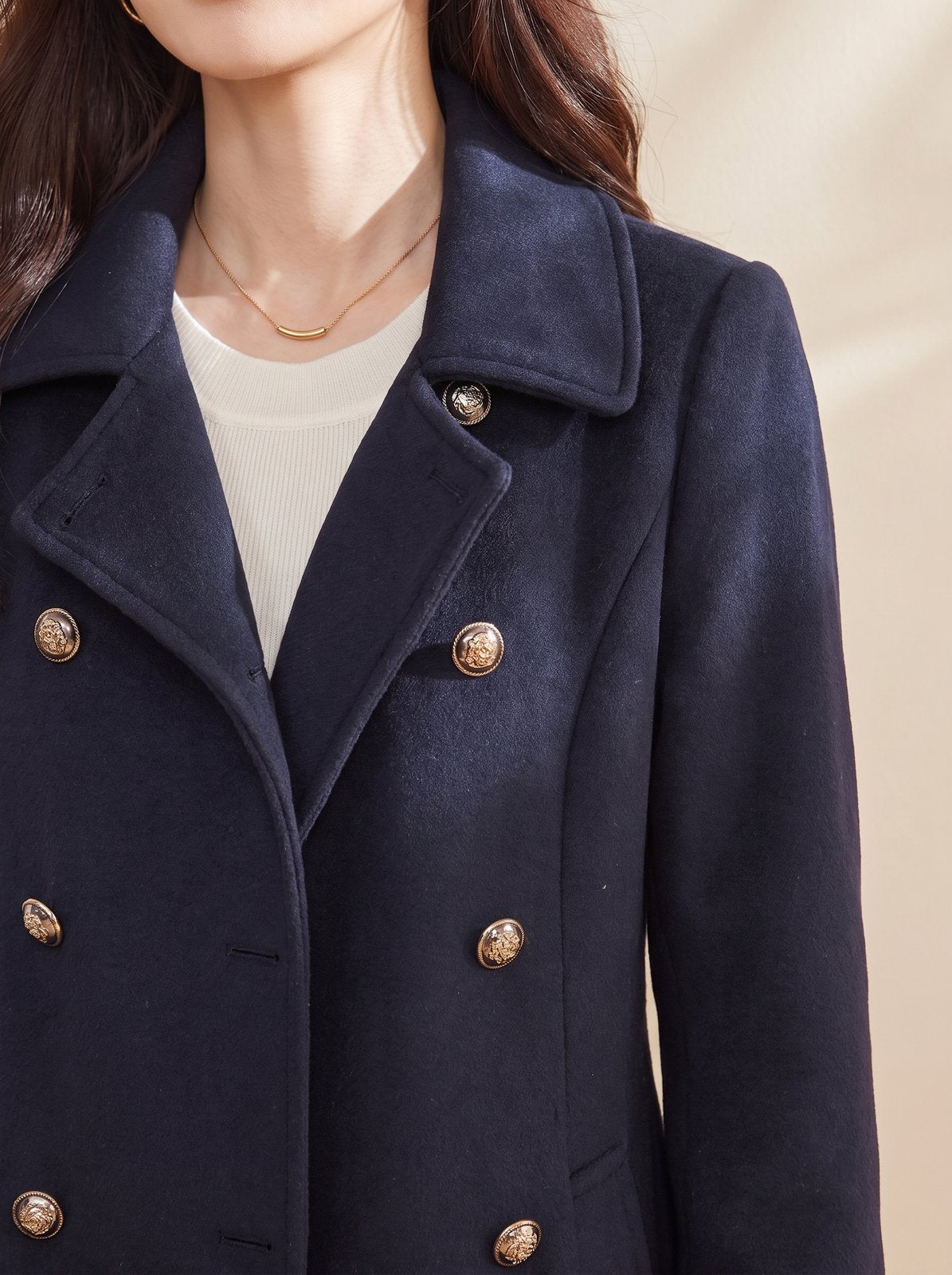 Ines Navy Double Breasted Winter Coat - gold button and lapel detail