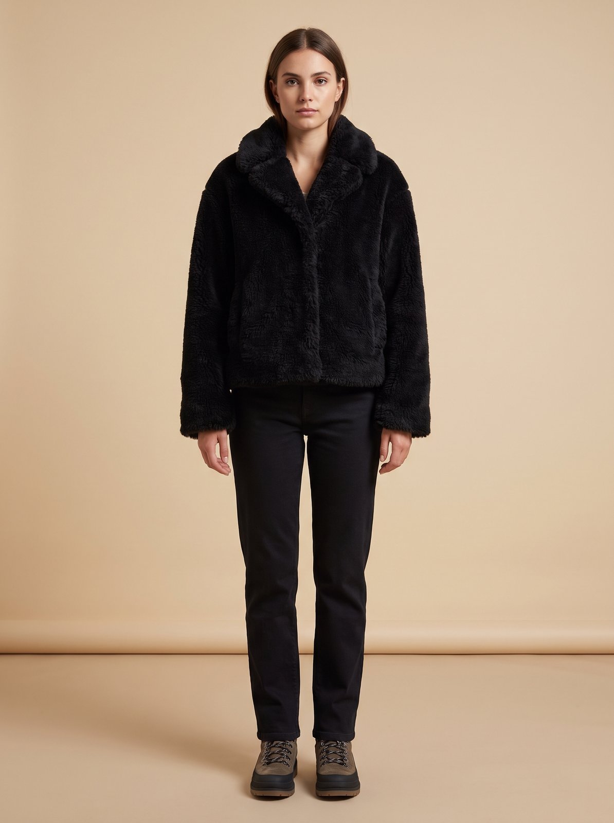 Black faux fur teddy jacket by Lode Lane