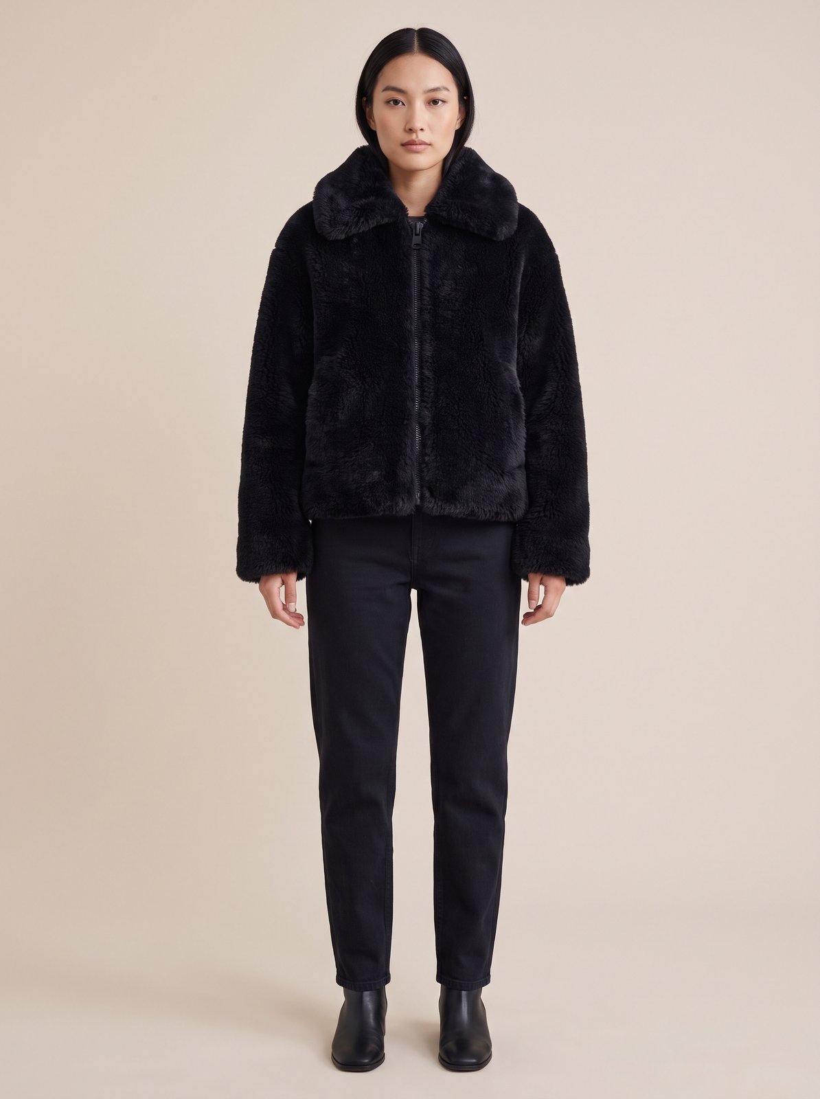 Black faux fur teddy jacket by Lode Lane