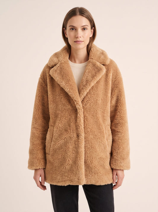 Tan faux fur teddy jacket by Lode Lane