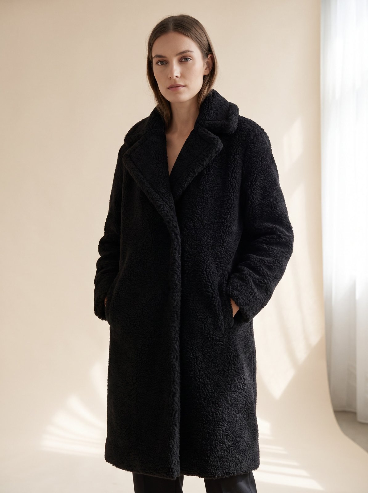 Black faux shearling teddy coat by Lode Lane