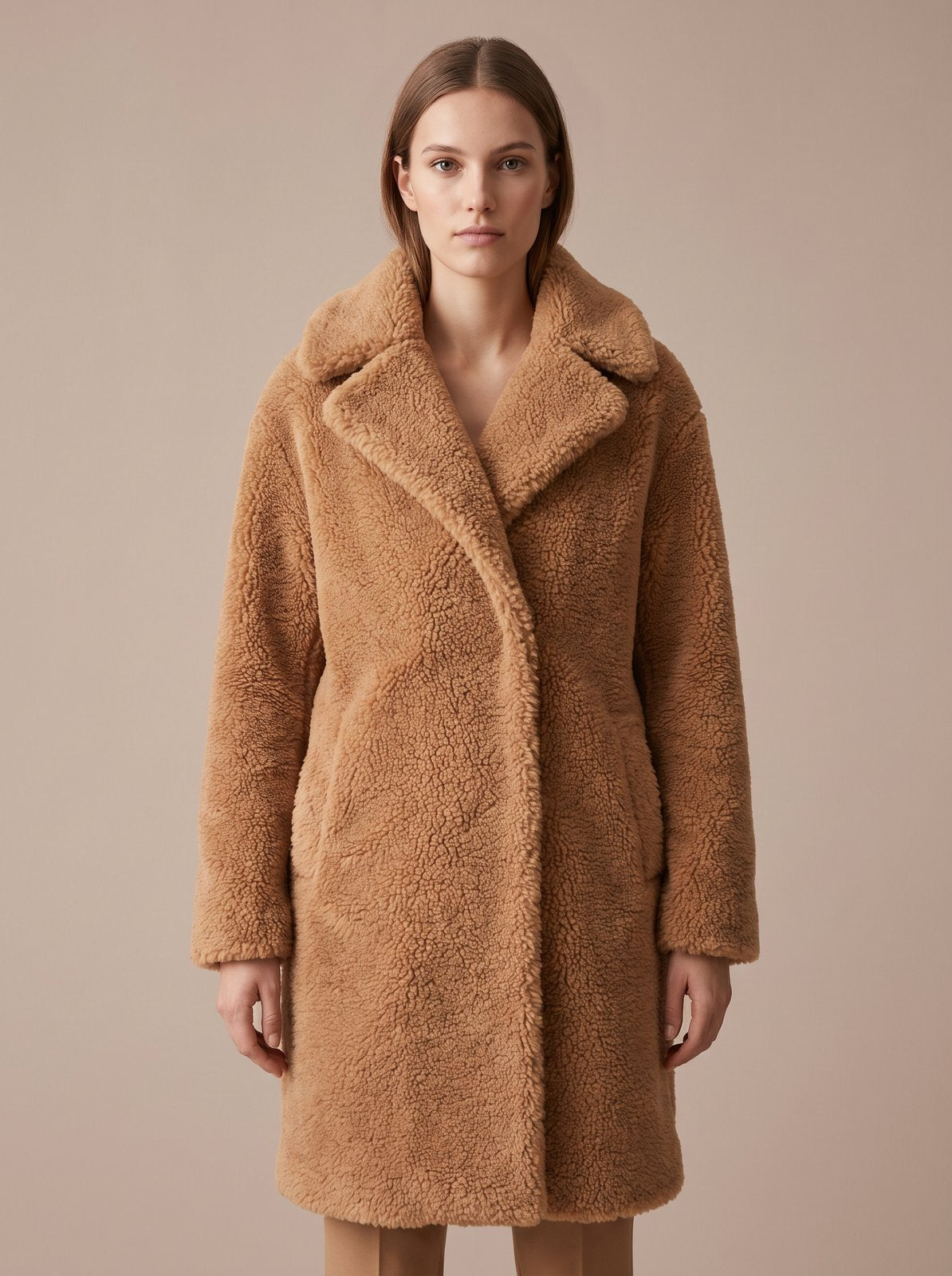 Camel faux shearling teddy coat by Lode Lane