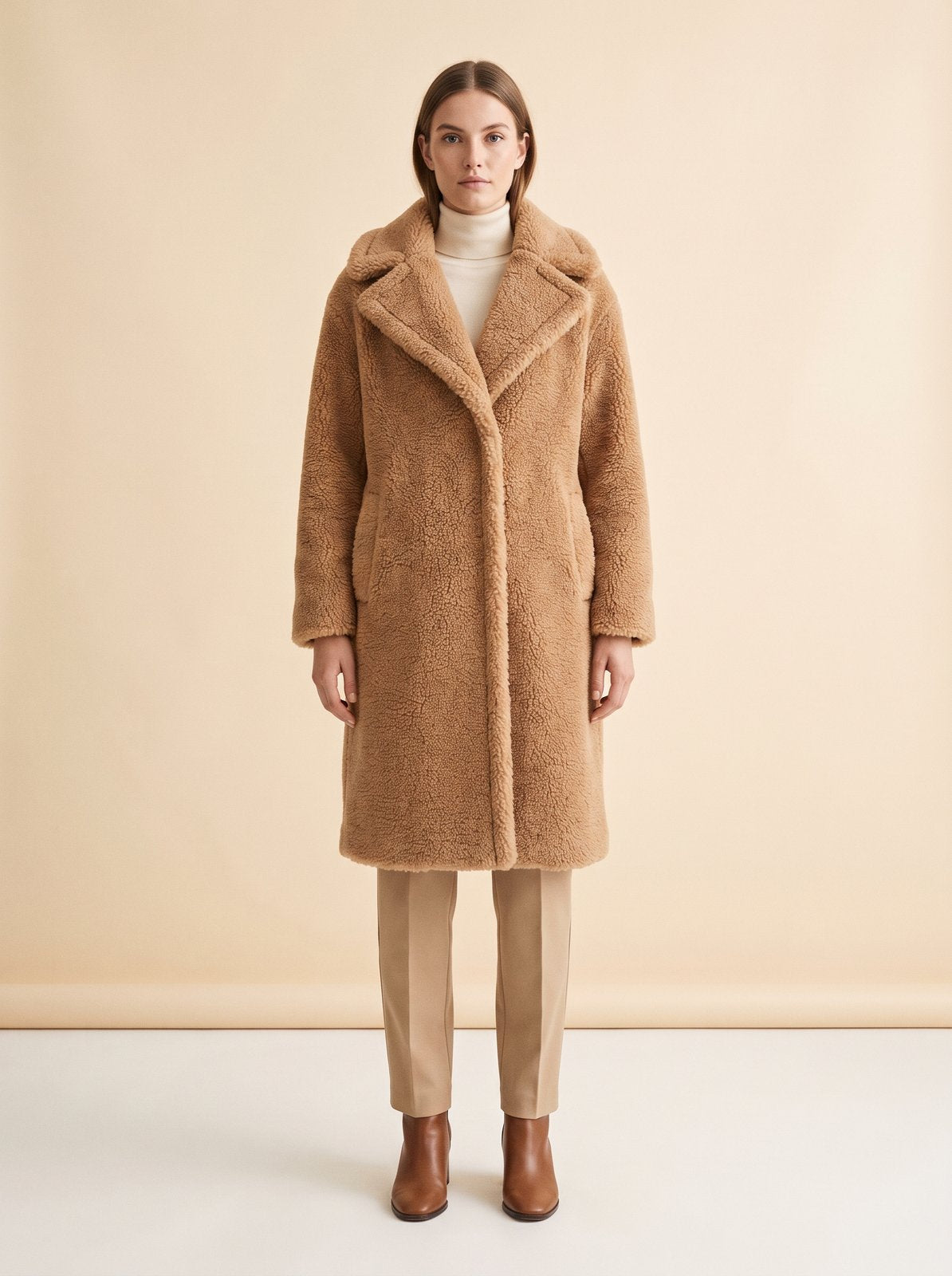 Camel faux shearling teddy coat by Lode Lane