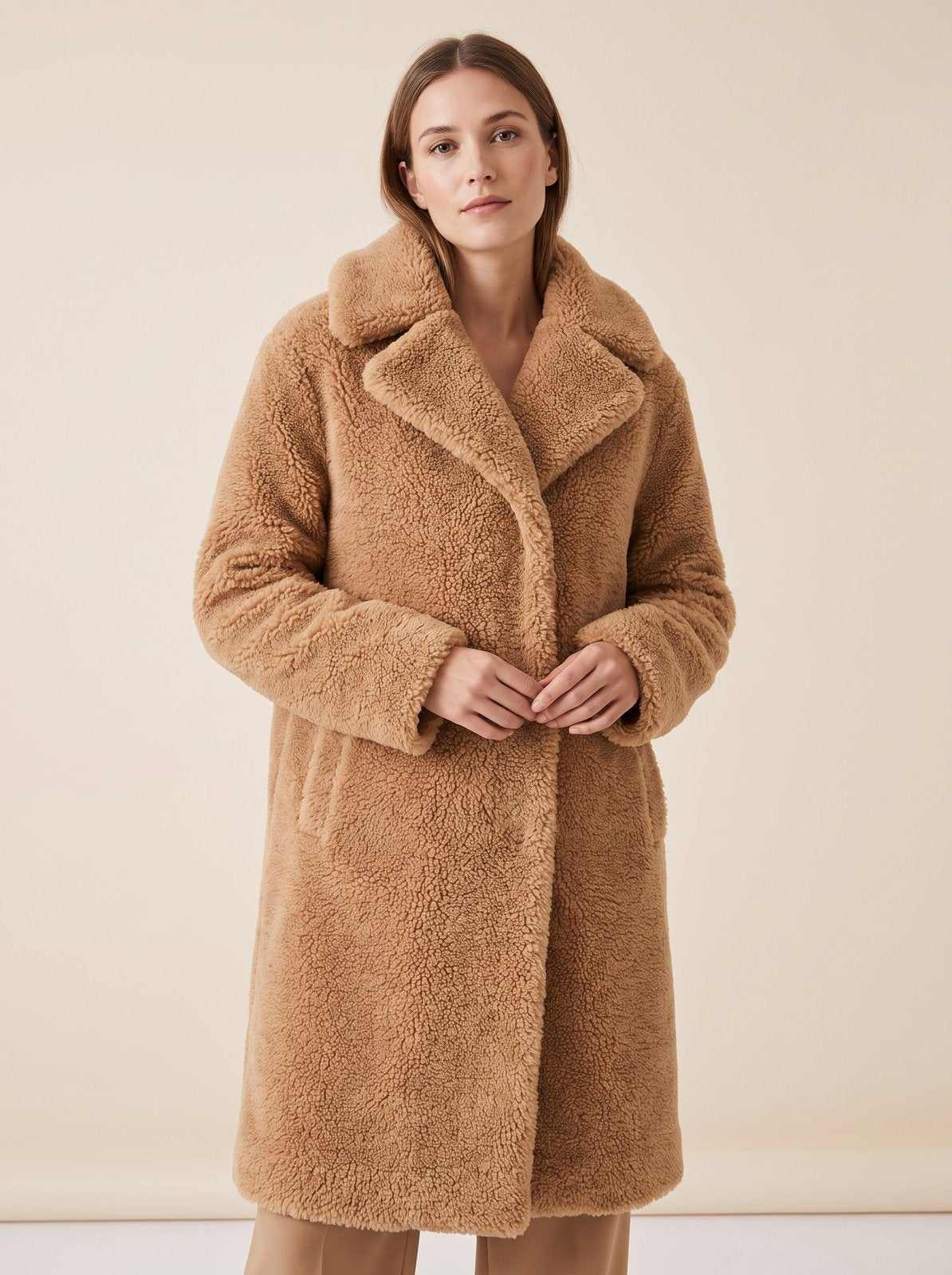 Camel faux shearling teddy coat by Lode Lane