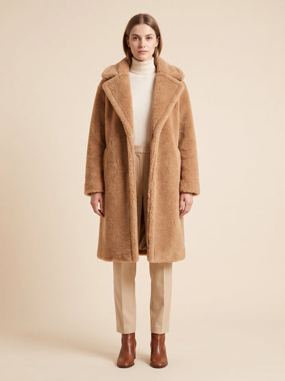 Camel faux shearling teddy coat by Lode Lane