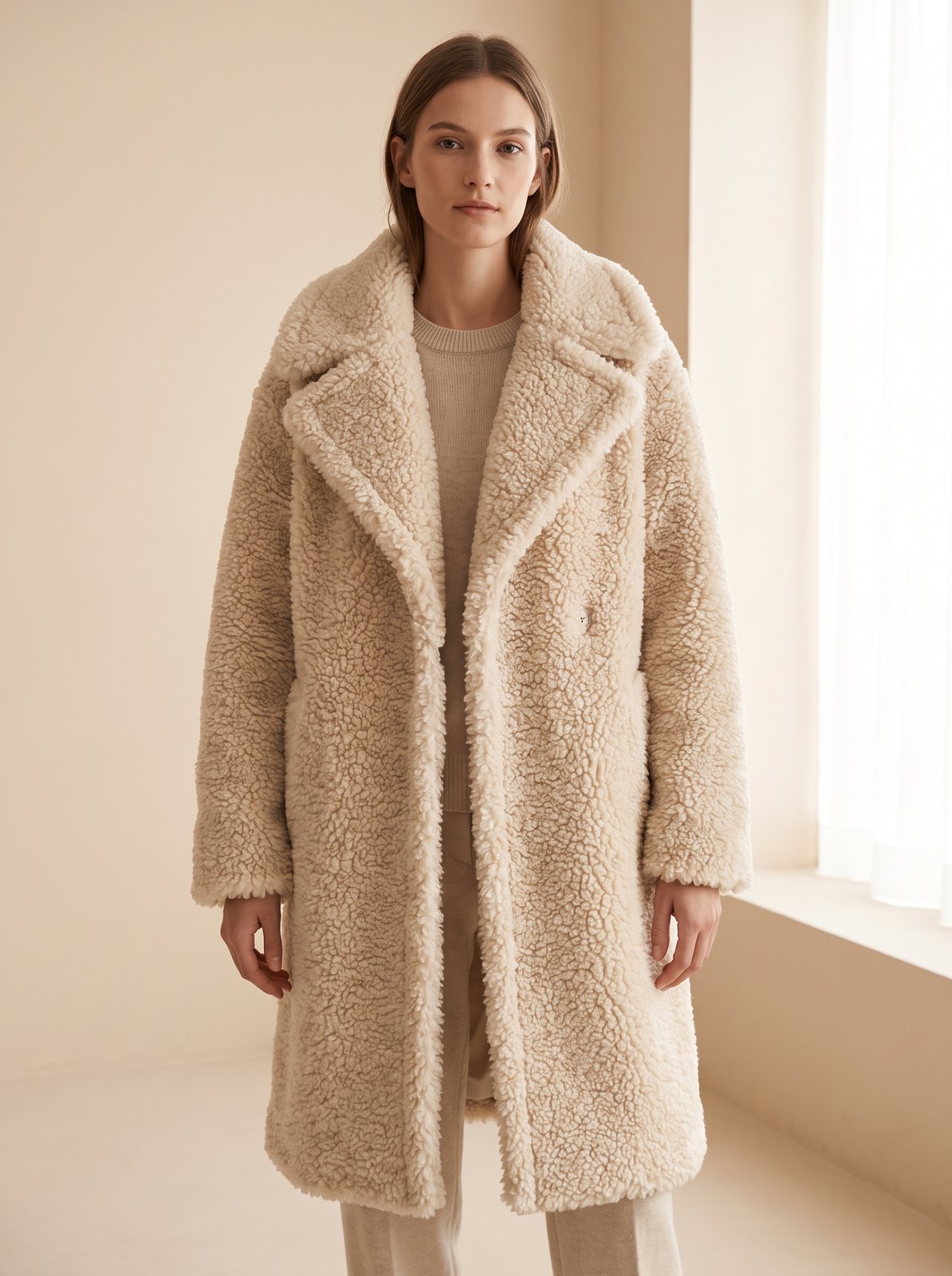 Cream faux shearling teddy coat by Lode Lane